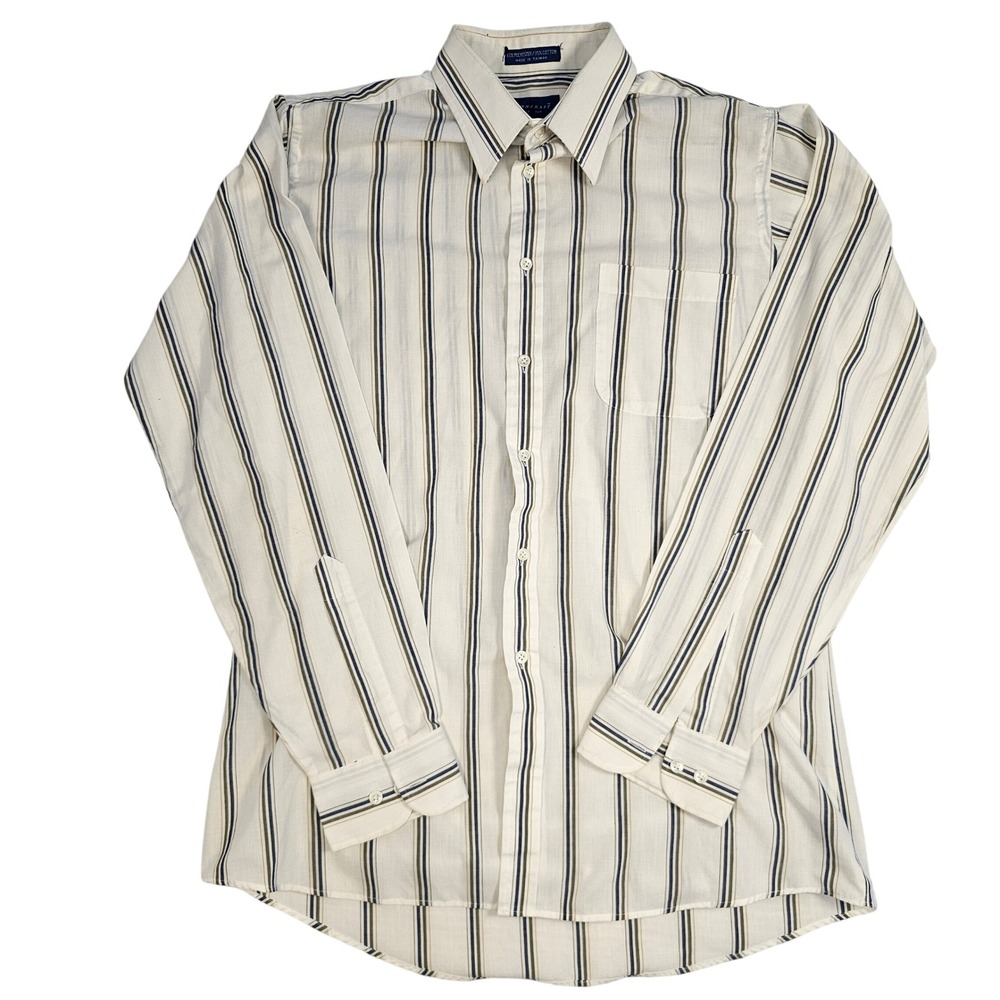 Towncraft Mens Striped Button Down Shirt White Blue Olive 15.5 34/35 Long Sleeve
